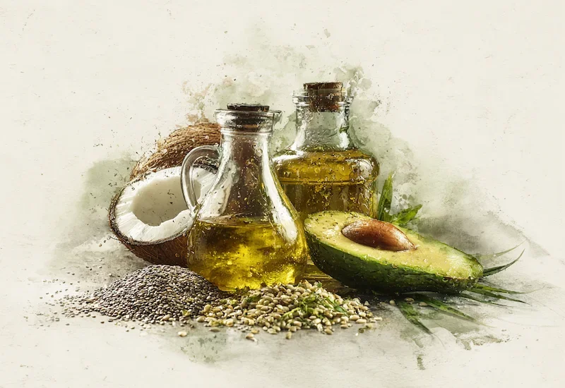 Bottles of plant-based oils with coconut, avocado, hemp seeds, and chia — ingredients commonly used as carrier oils in CBD product formulations