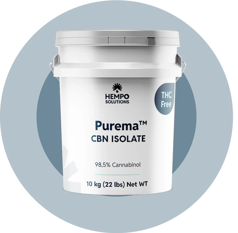 Key features of Purema CBN Isolate including 98.5% purity, no THC, and stable white crystalline form for precision formulations