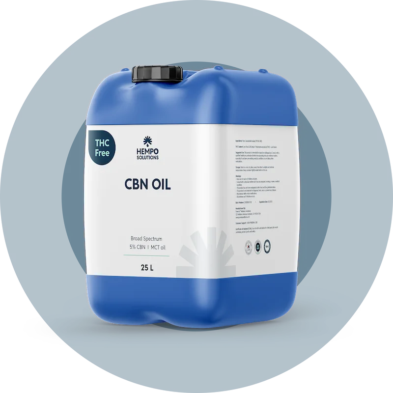 Bulk container of high-purity CBN oil with stable cannabinoid profile, ideal for sleep formulations and large-scale integration