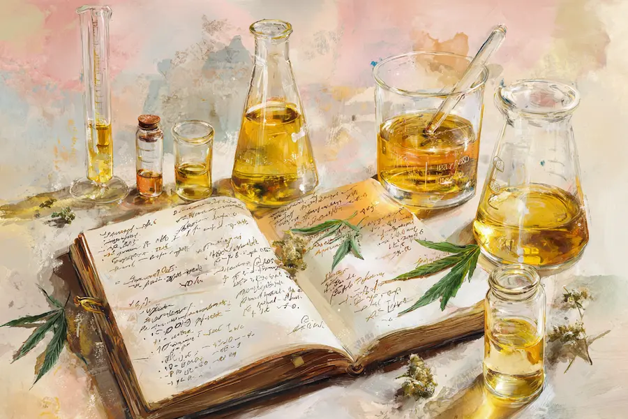 Private label CBD product development — watercolour illustration of custom CBD formulas in lab glassware with handwritten formulations and hemp leaves